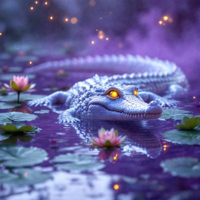The primary subject of the image is a large, blue alligator with yellow eyes, laying on its side in a body of water. The setting is a lily pond, with purple flowers surrounding the alligator. The visual style is a digital art or illustration, creating a surreal and dreamy atmosphere. The dominant colors are purple, blue, and yellow, with the alligator's blue color and the purple flowers adding a sense of mystery and enchantment to the scene.